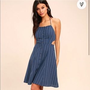 ASTR the Label Denim Blue Striped Halter Dress Size Medium